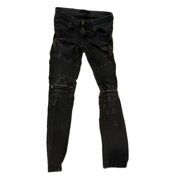 Fashion Black Slim Ribbed Zippered Jeans Streetwear 28x28 - Picture 1 of 5